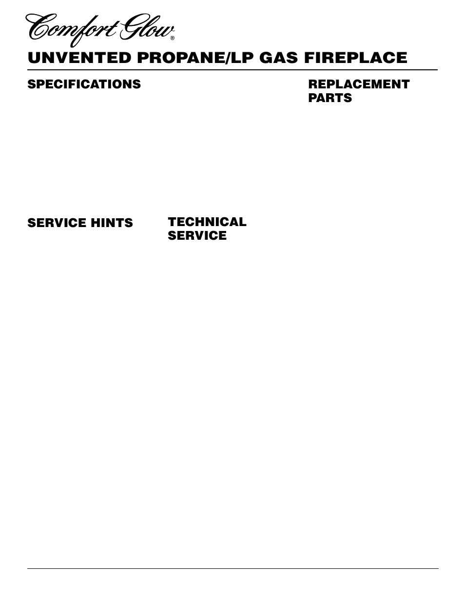 Unvented propane/lp gas fireplace, Replacement parts, Specifications | Technical service, Service hints | Desa Tech CGEFP33PR User Manual | Page 28 / 38