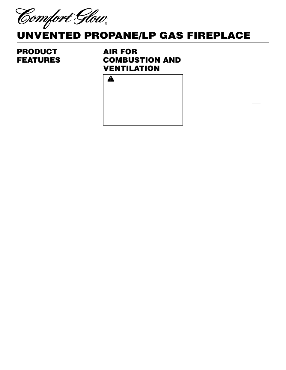 Unvented propane/lp gas fireplace, Air for combustion and ventilation, Product features | Desa Tech CGEFP33PR User Manual | Page 4 / 38