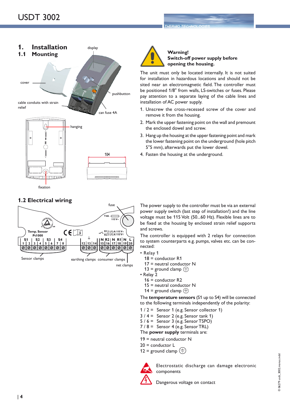 Usdt 3002, Installation, 1 mounting | 2 electrical wiring | Thermo Technologies USDT 3002 User Manual | Page 4 / 16