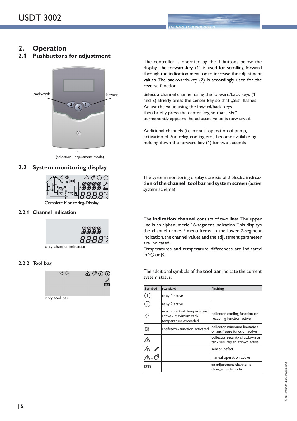 Usdt 3002, Operation, 1 pushbuttons for adjustment | 2 system monitoring display | Thermo Technologies USDT 3002 User Manual | Page 6 / 16