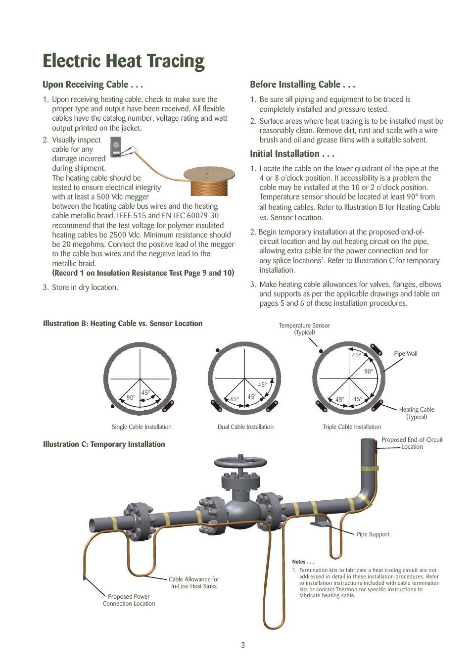 Electric heat tracing, Before installing cable, Initial installation | Upon receiving cable | Thermon Electric Heat Tracing User Manual | Page 4 / 12