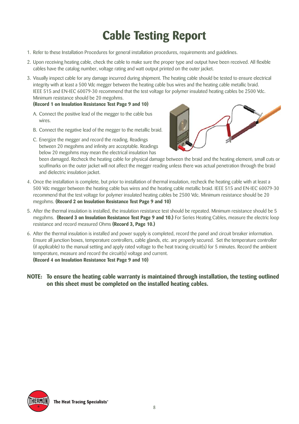 Cable testing report | Thermon Electric Heat Tracing User Manual | Page 9 / 12