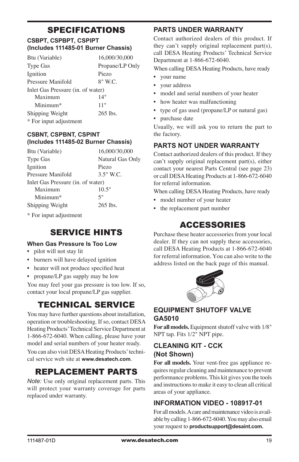 Specifications, Service hints, Technical service | Replacement parts, Accessories | Desa Tech CSPBNT  EN User Manual | Page 19 / 24