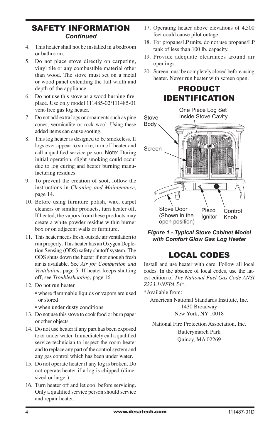 Product identification, Local codes, Safety information | Desa Tech CSPBNT  EN User Manual | Page 4 / 24