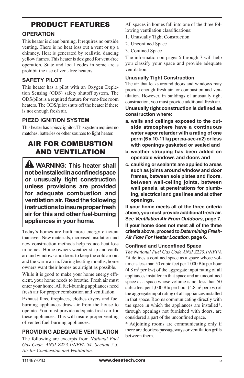 Product features, Air for combustion and ventilation | Desa Tech CSPBNT  EN User Manual | Page 5 / 24
