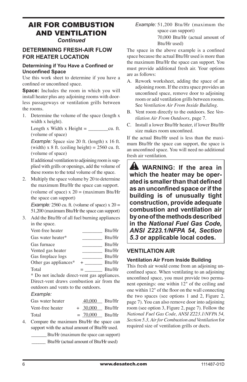 Air for combustion and ventilation | Desa Tech CSPBNT  EN User Manual | Page 6 / 24