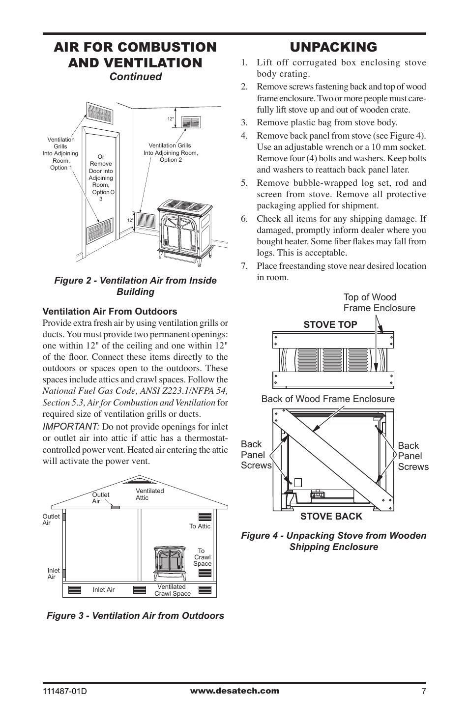 Unpacking, Air for combustion and ventilation, Continued | Desa Tech CSPBNT  EN User Manual | Page 7 / 24