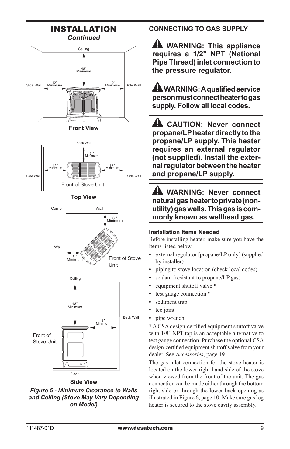 Installation, Continued, Connecting to gas supply | Desa Tech CSPBNT  EN User Manual | Page 9 / 24