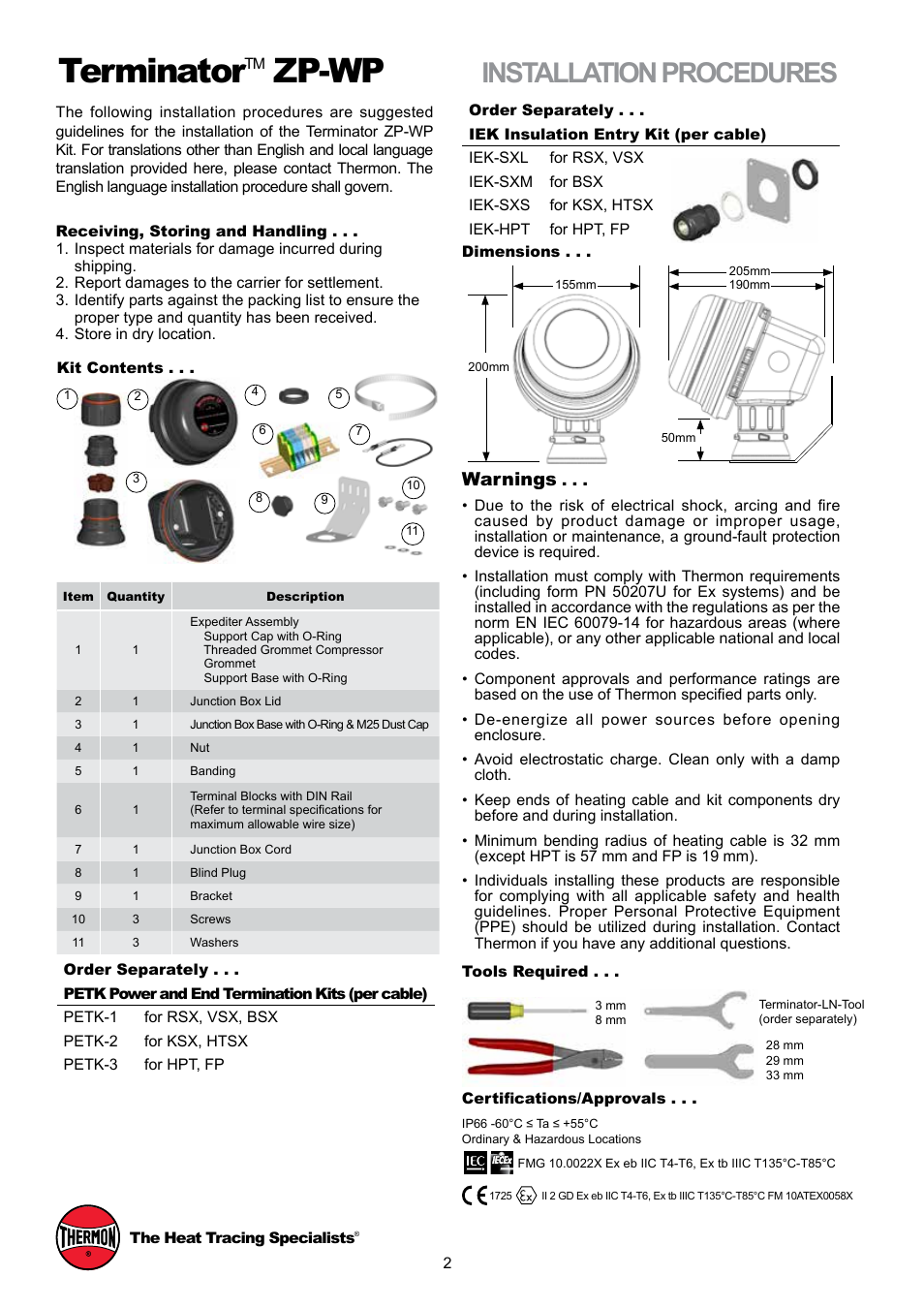 Terminator, Zp-wp, Installation procedures | Warnings | Thermon ZP-WP Terminator User Manual | Page 2 / 4