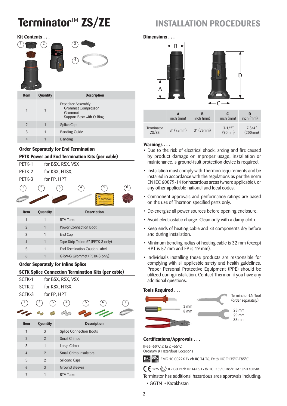 Terminator, Zs/ze, Installation procedures | Db c a | Thermon ZS Terminator User Manual | Page 2 / 4