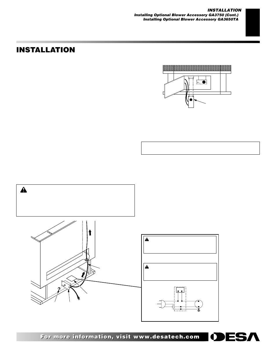 Installation, Continued, Installing optional blower accessory ga3650ta | Desa Tech 107434-01C.pdf User Manual | Page 11 / 28