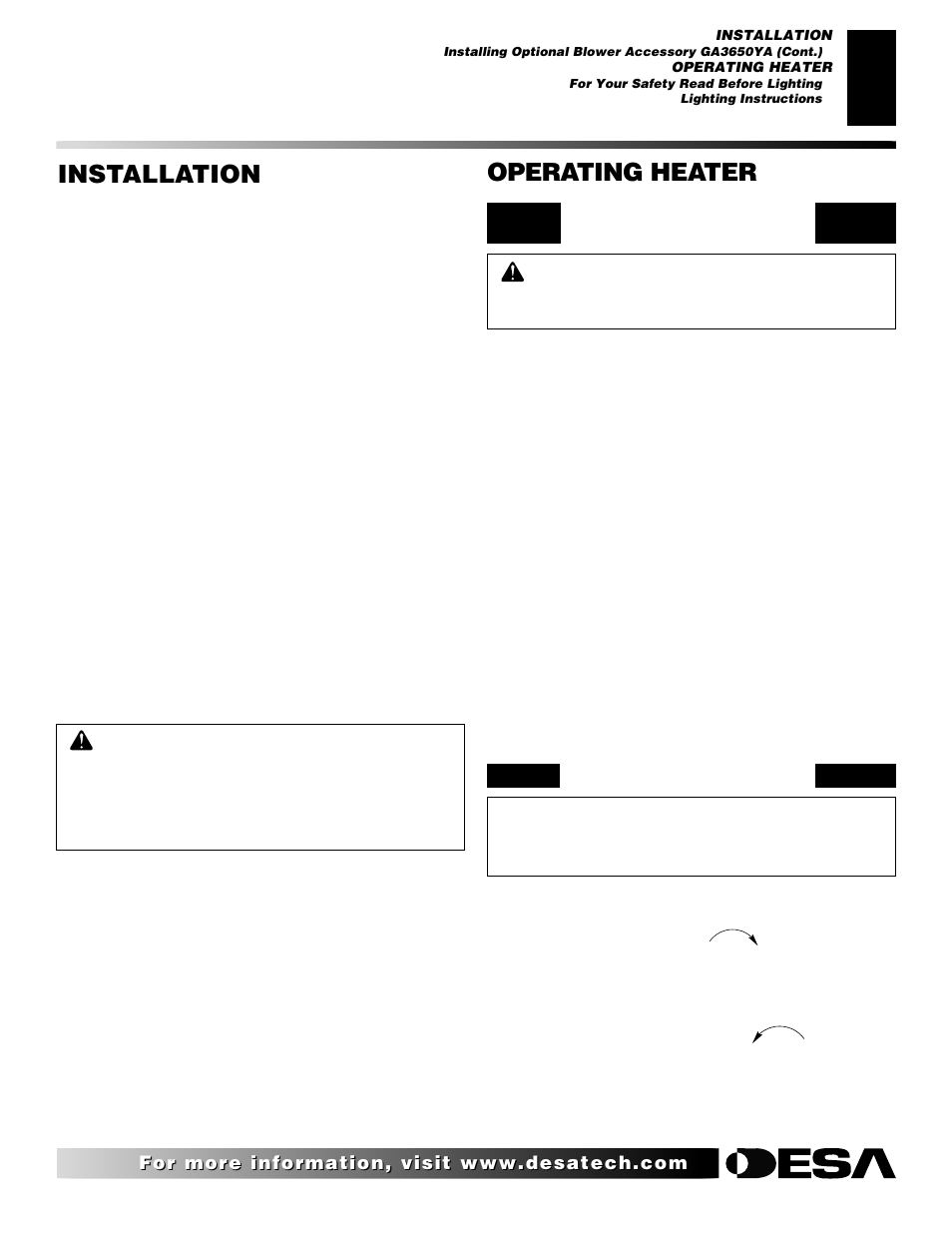 Operating heater, Installation, Continued | Desa Tech 107434-01C.pdf User Manual | Page 13 / 28