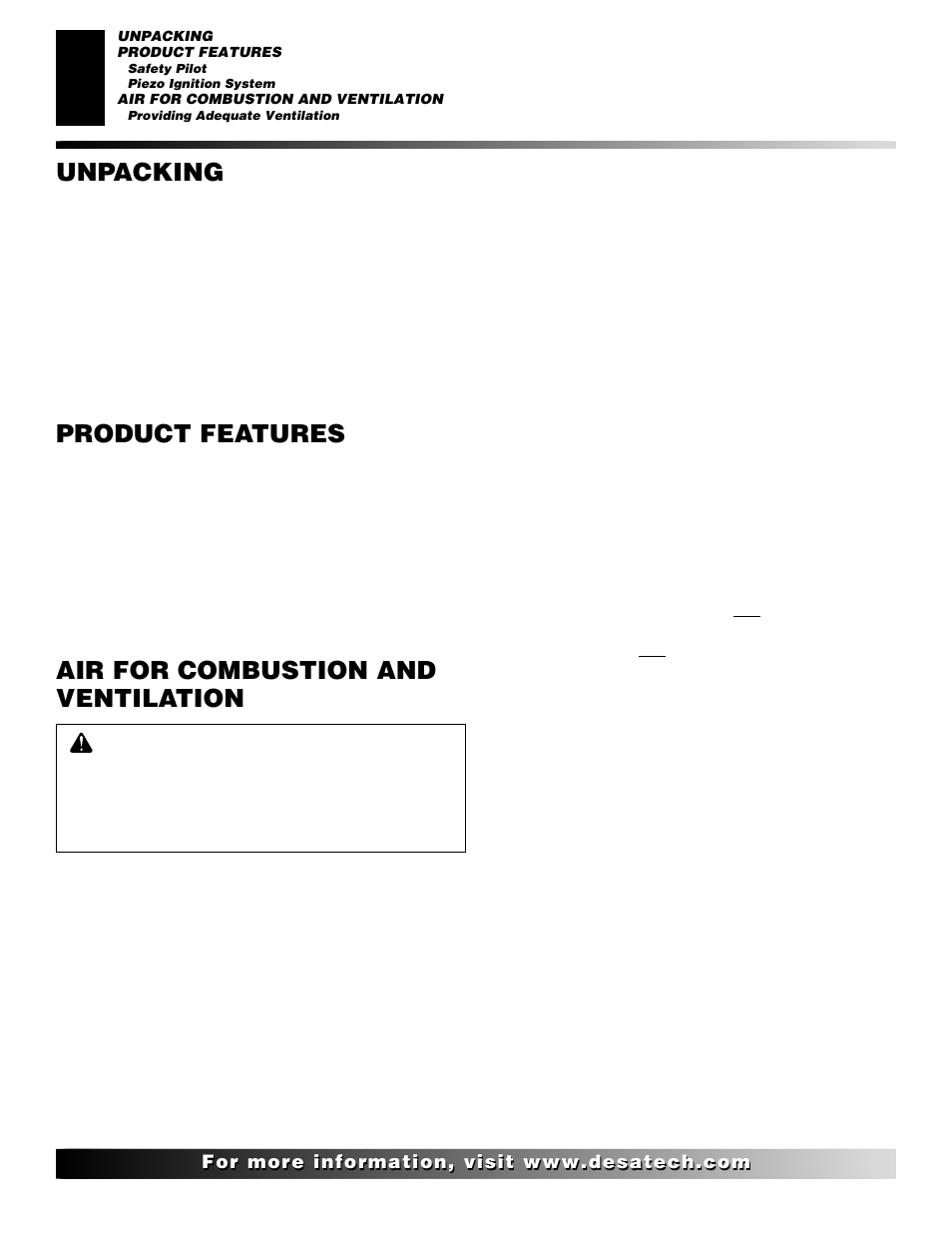 Air for combustion and ventilation unpacking, Product features | Desa Tech 107434-01C.pdf User Manual | Page 4 / 28