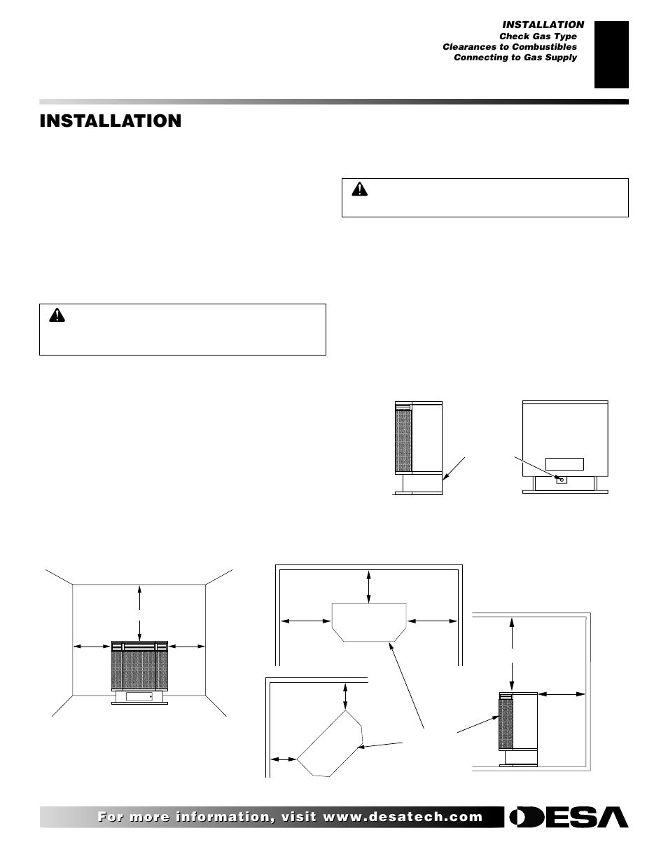 Installation, Continued, Check gas type | Clearances to combustibles, Connecting to gas supply, Vent-free operation only), Minimum wall and ceiling clearances (see figure 4), Installation items needed | Desa Tech 107434-01C.pdf User Manual | Page 7 / 28