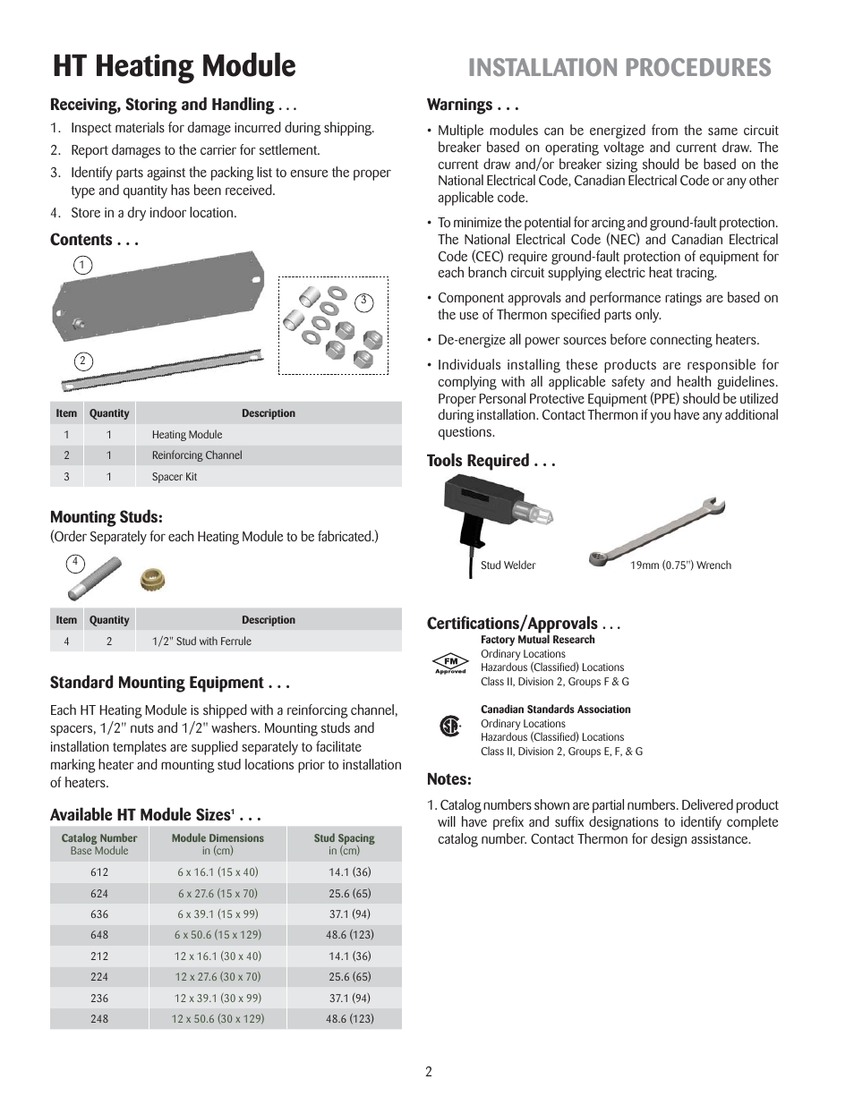 Ht heating module, Installation procedures, Tools required . . . contents | Warnings, Certifi cations/approvals, Receiving, storing and handling, Available ht module sizes, Standard mounting equipment, Mounting studs | Thermon HT Heating Module User Manual | Page 2 / 4