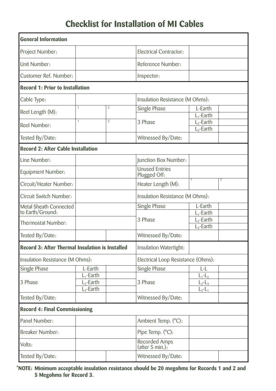 Checklist for installation of mi cables | Thermon MIQ Mineral Insulated Heating Cable v.1 User Manual | Page 10 / 11