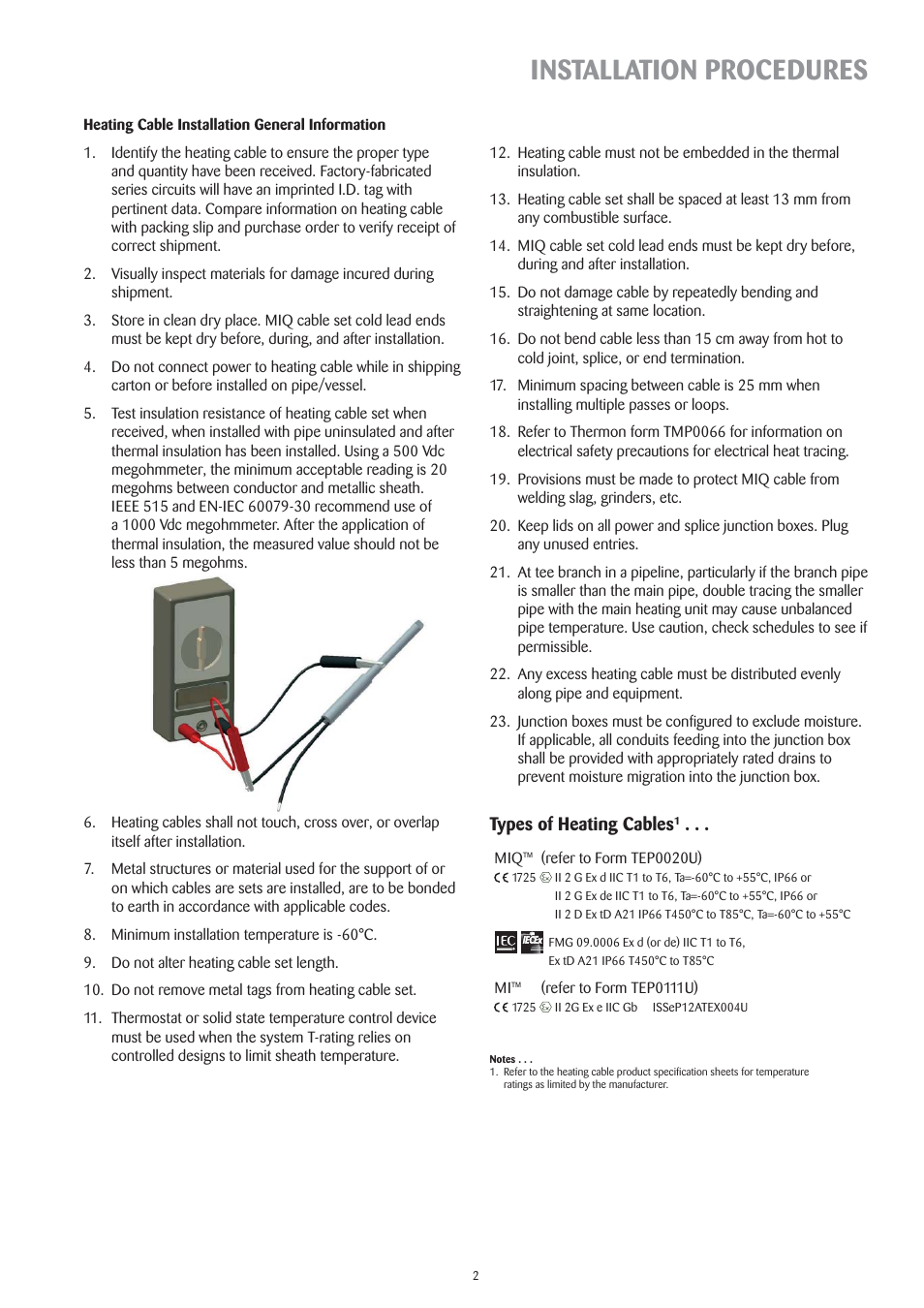 Installation procedures, Types of heating cables | Thermon MIQ Mineral Insulated Heating Cable v.1 User Manual | Page 3 / 11