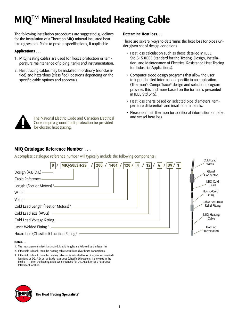 Mineral insulated heating cable, Miq catalogue reference number | Thermon MIQ Mineral Insulated Heating Cable v.2 User Manual | Page 2 / 14