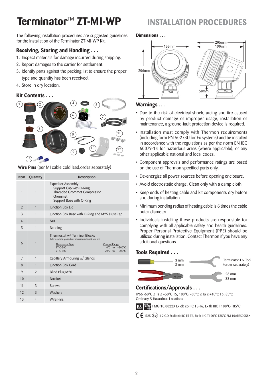 Terminator, Zt-mi-wp, Installation procedures | Tools required . . . certifi cations/approvals, Kit contents, Warnings, Receiving, storing and handling | Thermon ZT-MI-WP Terminator User Manual | Page 2 / 4