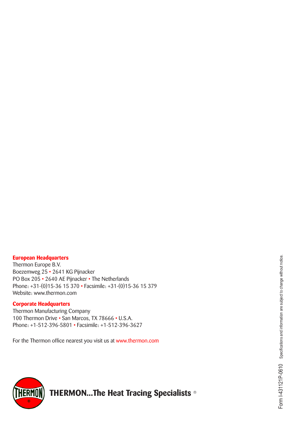 Thermon...the heat tracing specialists | Thermon ZP-PTD100-XP Terminator User Manual | Page 8 / 8