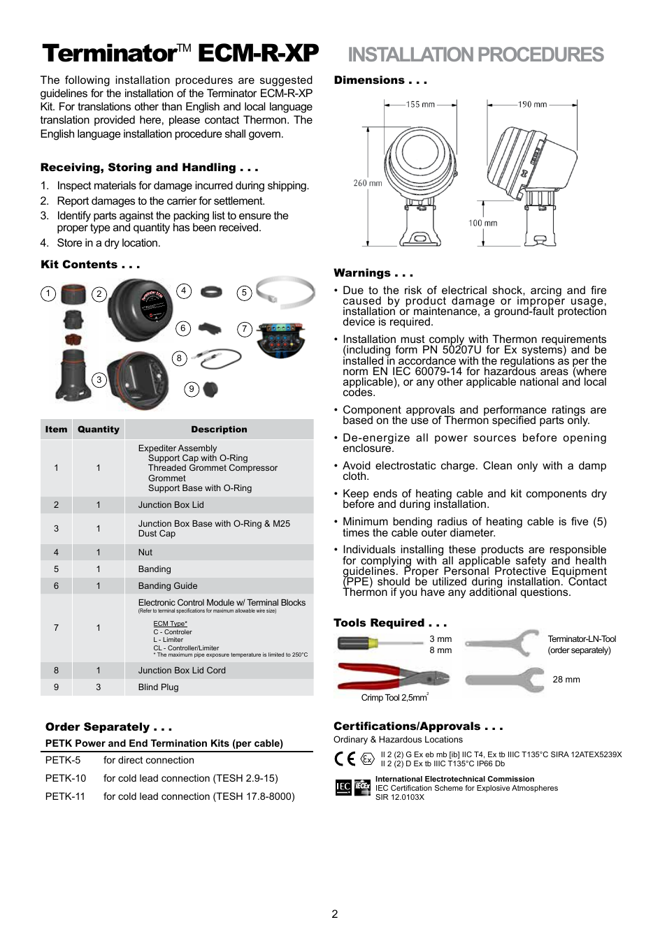 Terminator, Ecm-r-xp, Installation procedures | Thermon ECM-R-XP User Manual | Page 2 / 8