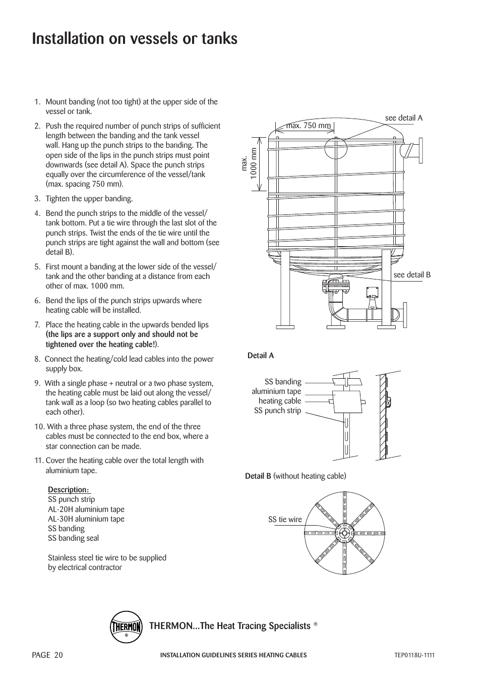 Tes(h)/mi installation guidelines, Installation on vessels or tanks, Series heating cables | Thermon TESH User Manual | Page 22 / 26