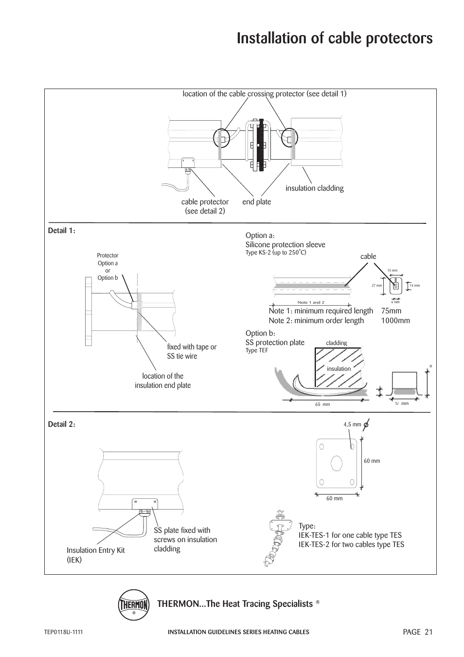 Installation of cable protectors, Thermon...the heat tracing specialists, Page 21 | Option b: ss protection plate, End plate | Thermon TESH User Manual | Page 23 / 26