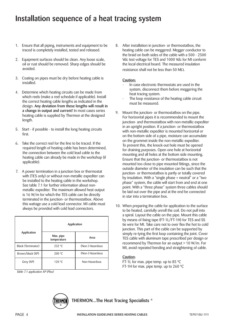 Installation sequence of a heat tracing system, Thermon...the heat tracing specialists | Thermon TESH User Manual | Page 6 / 26