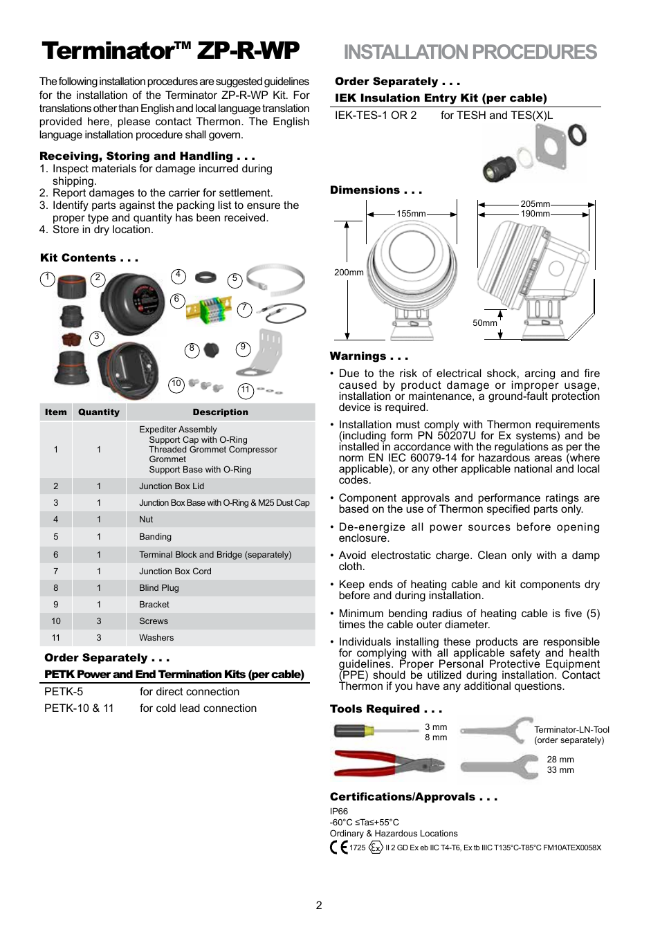 Terminator, Zp-r-wp, Installation procedures | Thermon ZP-R-WP User Manual | Page 2 / 4