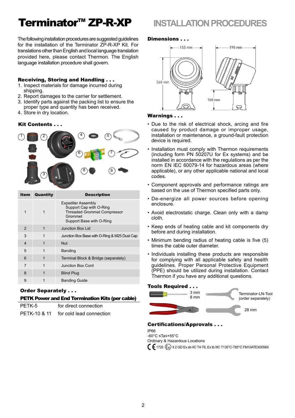 Terminator, Zp-r-xp, Installation procedures | Thermon ZP-R-XP User Manual | Page 2 / 4