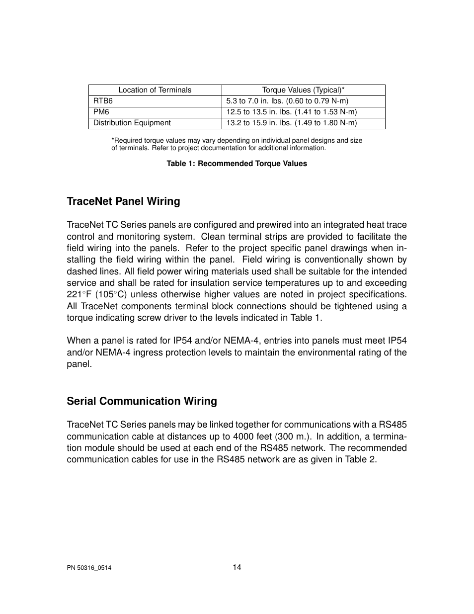 Tracenet panel wiring, Serial communication wiring | Thermon TraceNet TCM 18 User Manual | Page 18 / 96