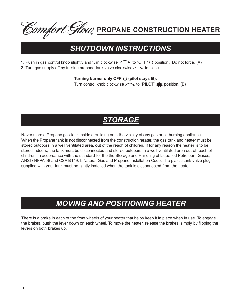 Shutdown instructions, Storage, Moving and positioning heater | Propane construction heater | Desa Tech GCH480 User Manual | Page 11 / 54