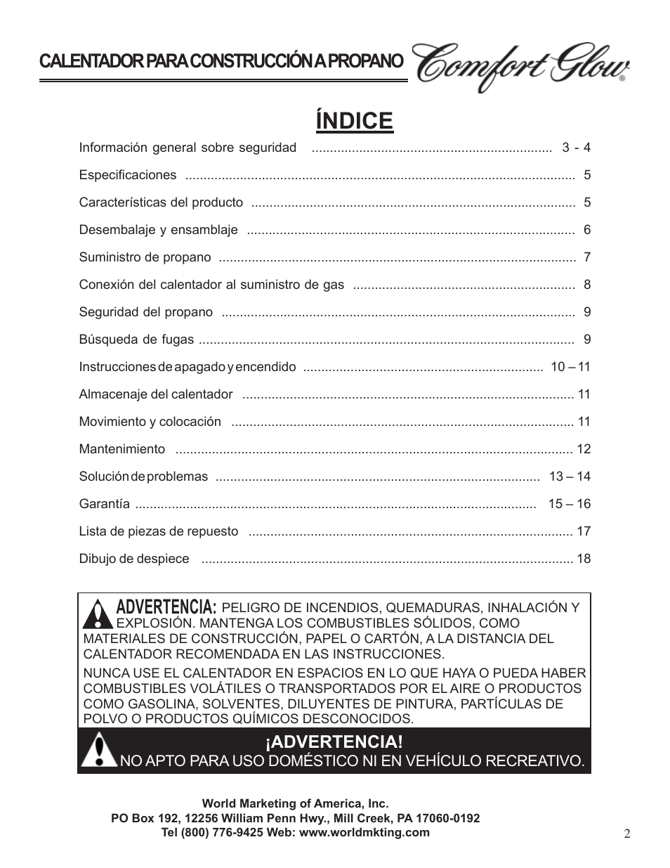Índice, Calentador para construcción a propano, Advertencia | Desa Tech GCH480 User Manual | Page 20 / 54