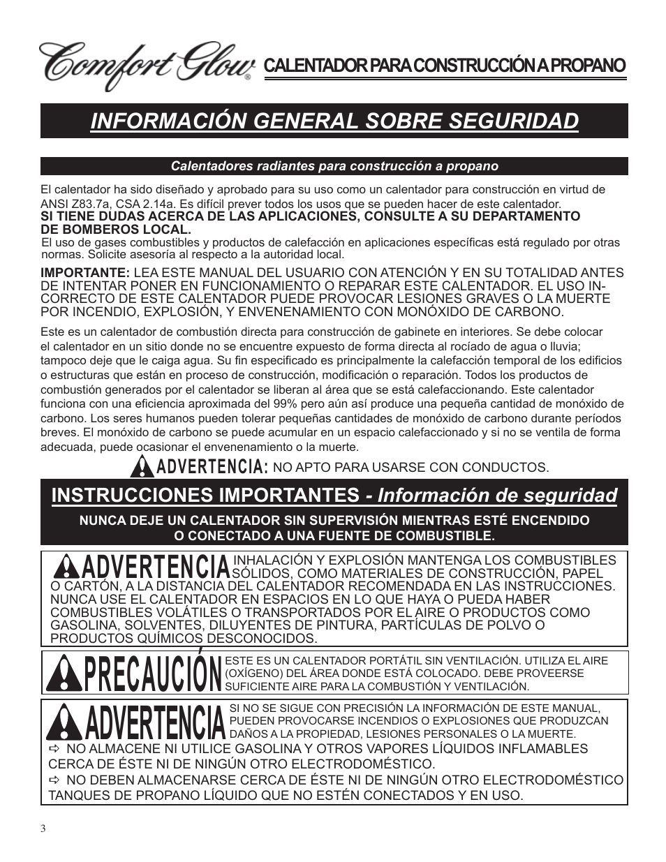 Precaución, Información general sobre seguridad, Advertencia | Calentador para construcción a propano | Desa Tech GCH480 User Manual | Page 21 / 54