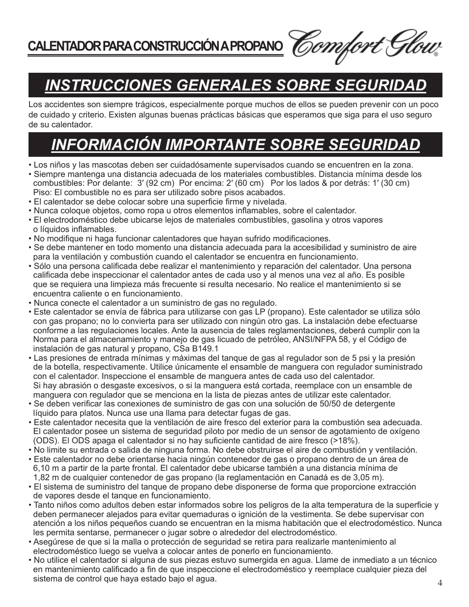 Instrucciones generales sobre seguridad, Información importante sobre seguridad, Calentador para construcción a propano | Desa Tech GCH480 User Manual | Page 22 / 54