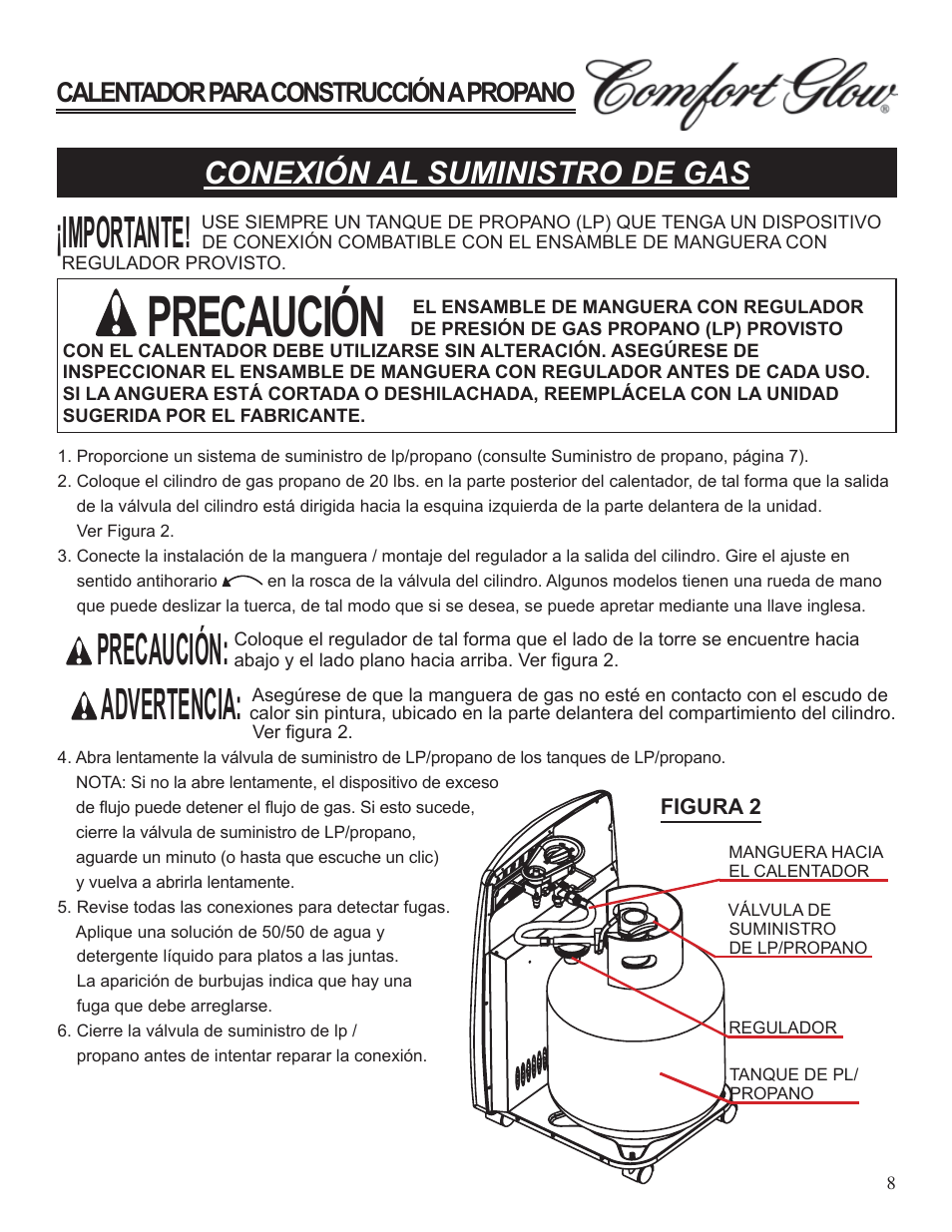 Precaución, Advertencia, Importante | Conexión al suministro de gas, Calentador para construcción a propano | Desa Tech GCH480 User Manual | Page 26 / 54