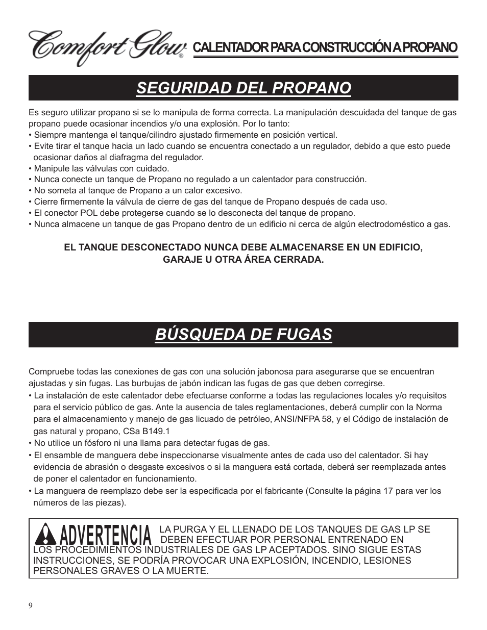 Advertencia, Seguridad del propano, Búsqueda de fugas | Calentador para construcción a propano | Desa Tech GCH480 User Manual | Page 27 / 54