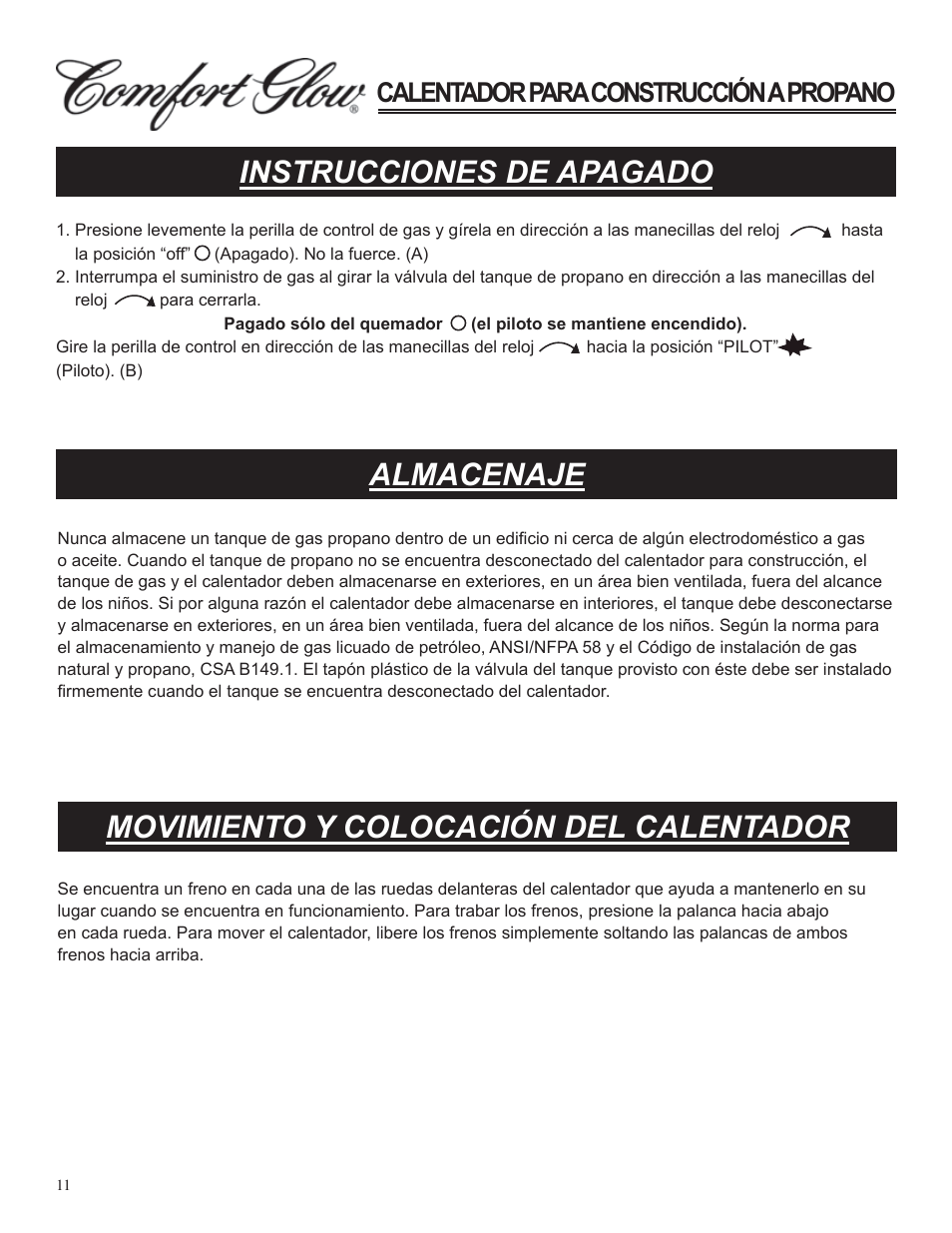 Instrucciones de apagado, Almacenaje, Movimiento y colocación del calentador | Calentador para construcción a propano | Desa Tech GCH480 User Manual | Page 29 / 54