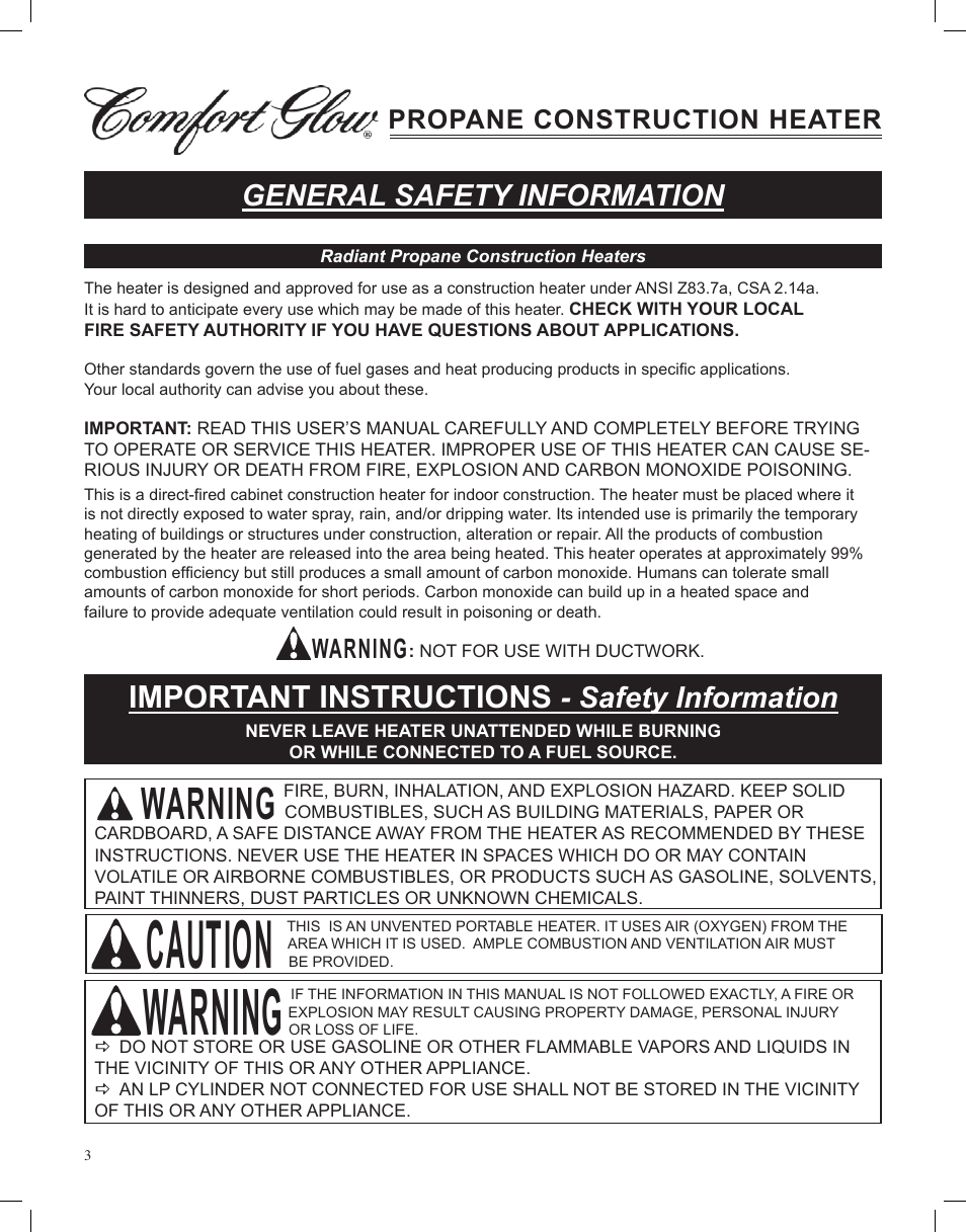 Caution, Warning, Important instructions | General safety information, Safety information, Propane construction heater | Desa Tech GCH480 User Manual | Page 3 / 54