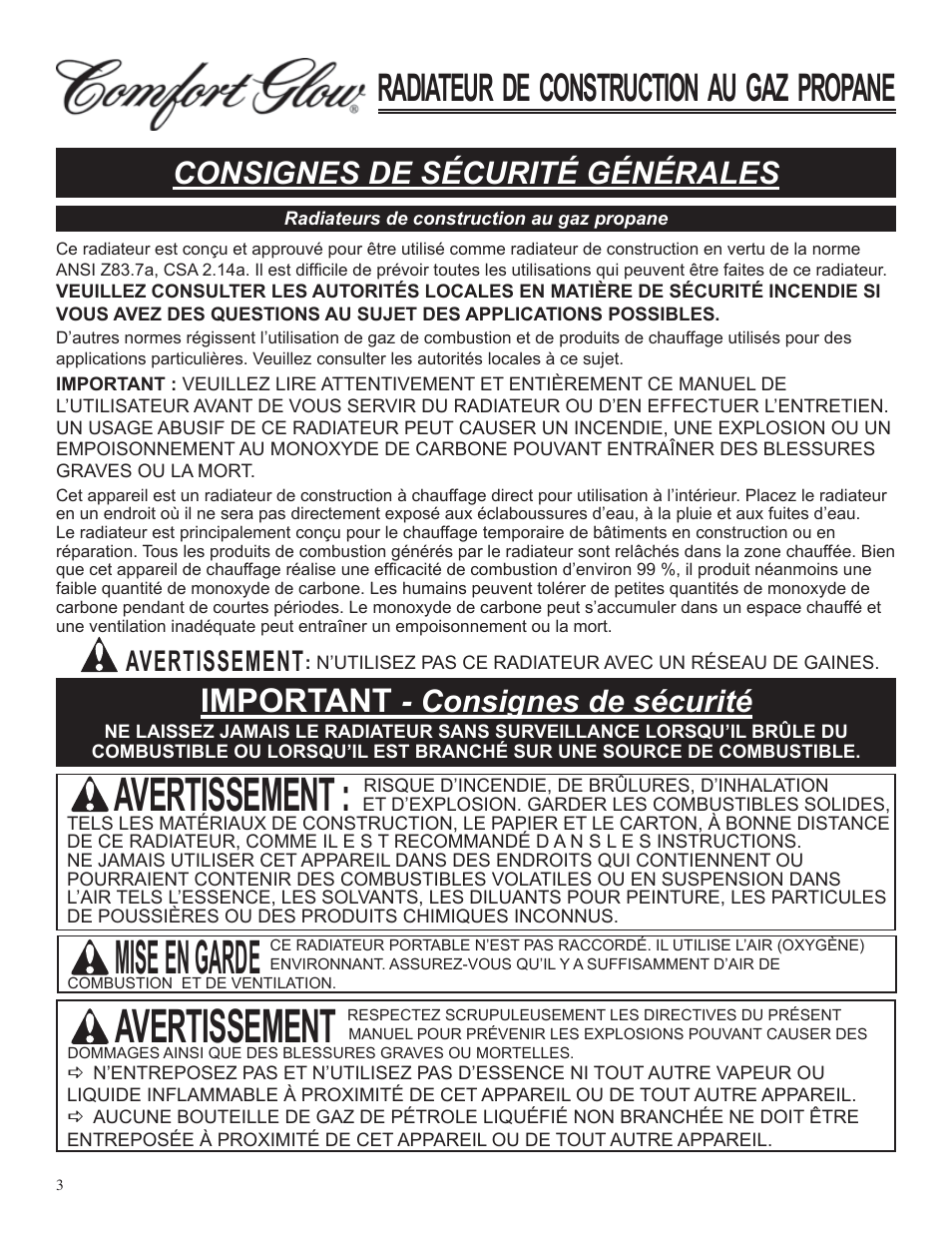 Avertissement, Mise en garde, Radiateur de construction au gaz propane | Important, Consignes de sécurité générales, Consignes de sécurité | Desa Tech GCH480 User Manual | Page 39 / 54