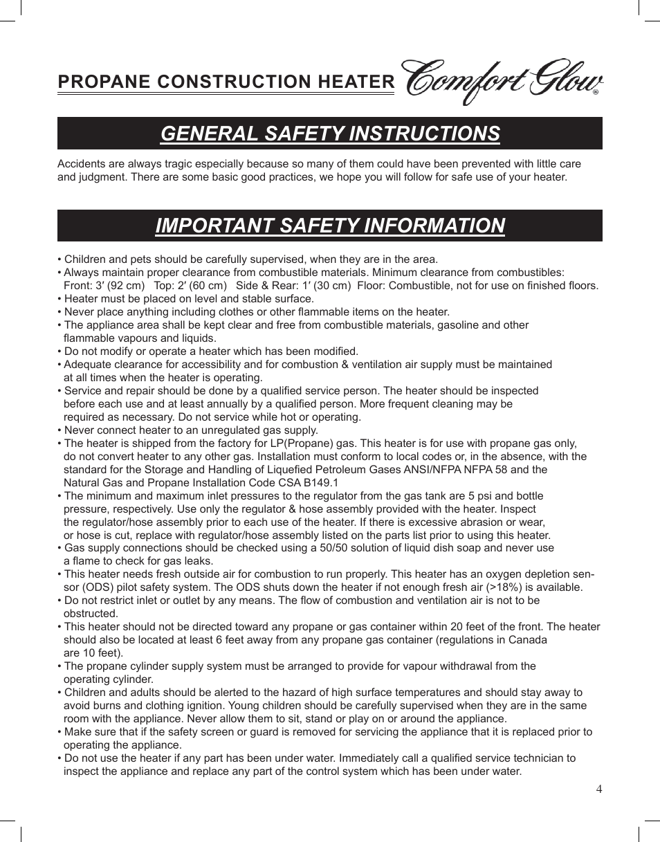 General safety instructions, Important safety information, Propane construction heater | Desa Tech GCH480 User Manual | Page 4 / 54