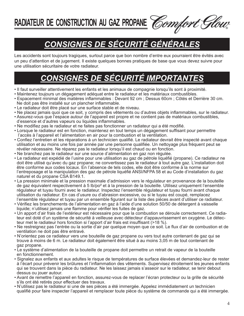 Radiateur de construction au gaz propane, Consignes de sécurité générales, Consignes de sécurité importantes | Desa Tech GCH480 User Manual | Page 40 / 54