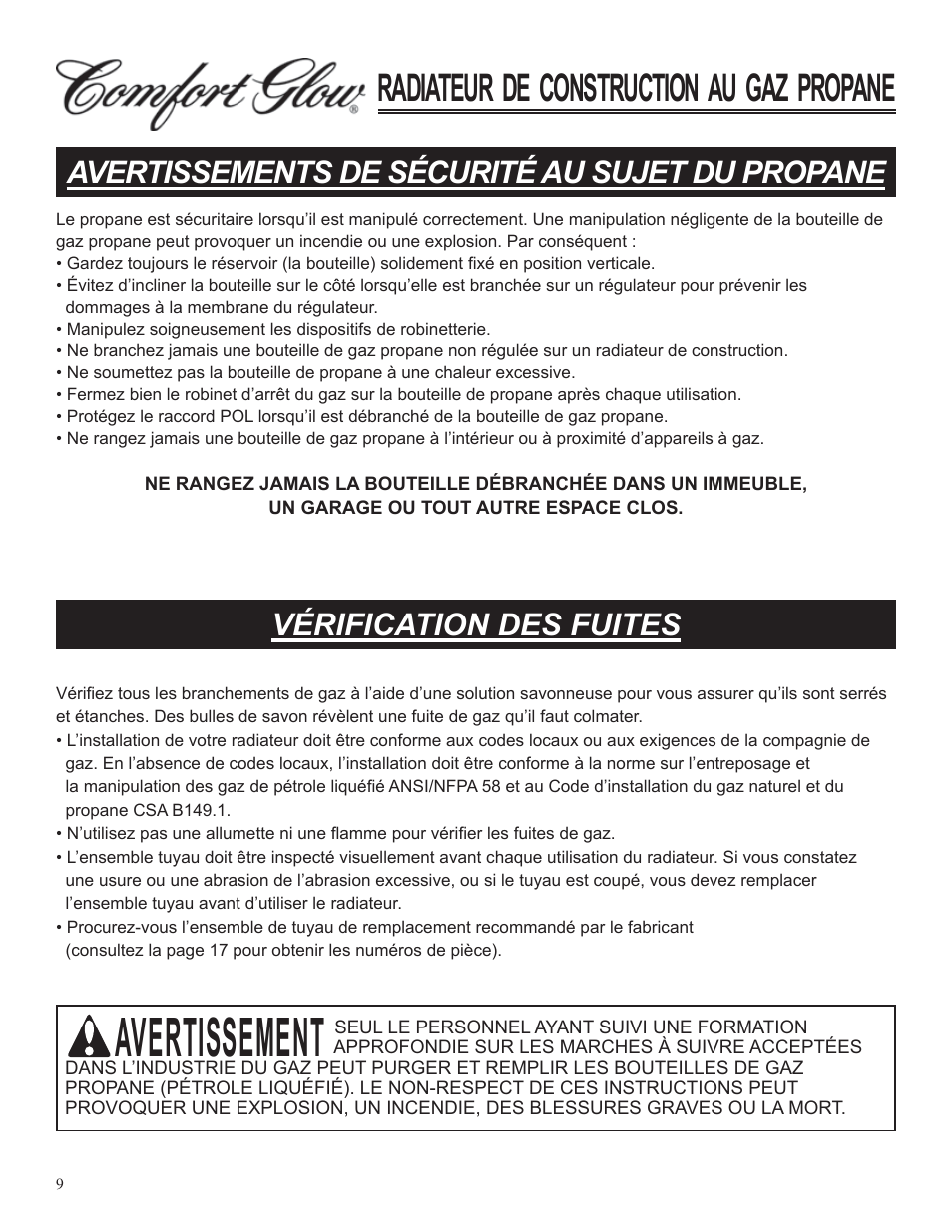 Avertissement, Radiateur de construction au gaz propane, Avertissements de sécurité au sujet du propane | Vérification des fuites | Desa Tech GCH480 User Manual | Page 45 / 54