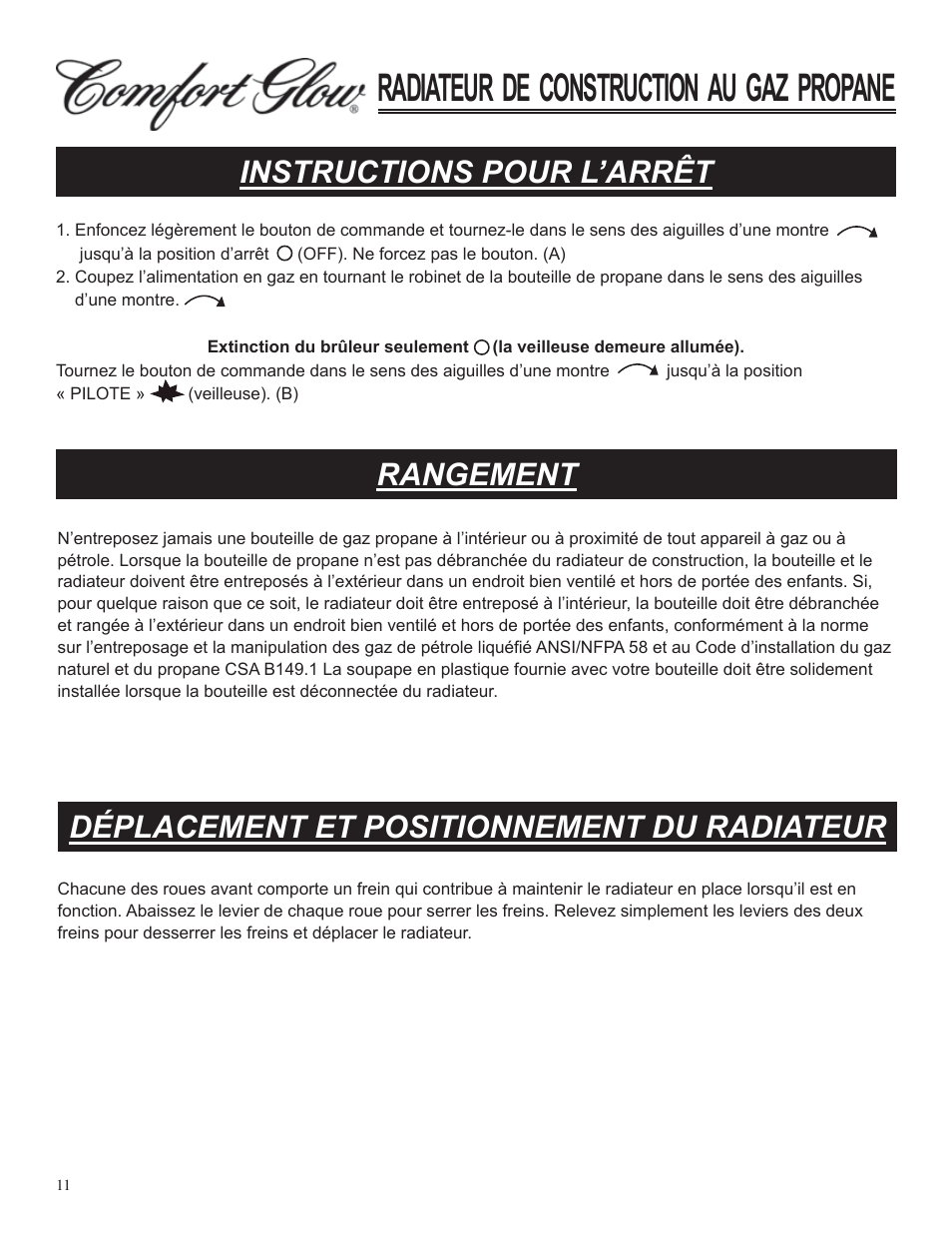 Radiateur de construction au gaz propane, Instructions pour l’arrêt, Rangement | Déplacement et positionnement du radiateur | Desa Tech GCH480 User Manual | Page 47 / 54