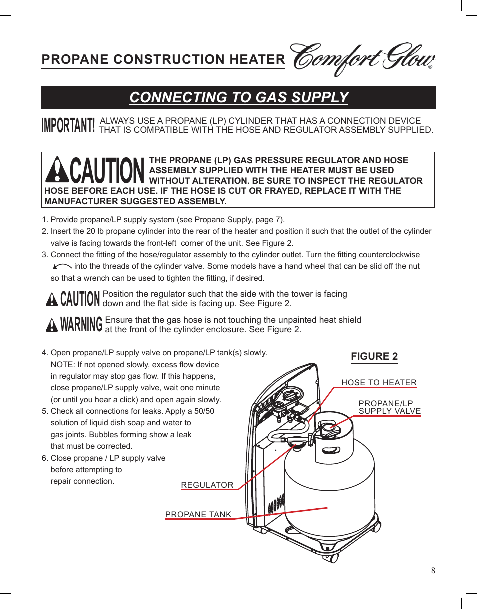 Caution, Important, Warning | Unpacking the heater, Connecting to gas supply, Propane construction heater | Desa Tech GCH480 User Manual | Page 8 / 54