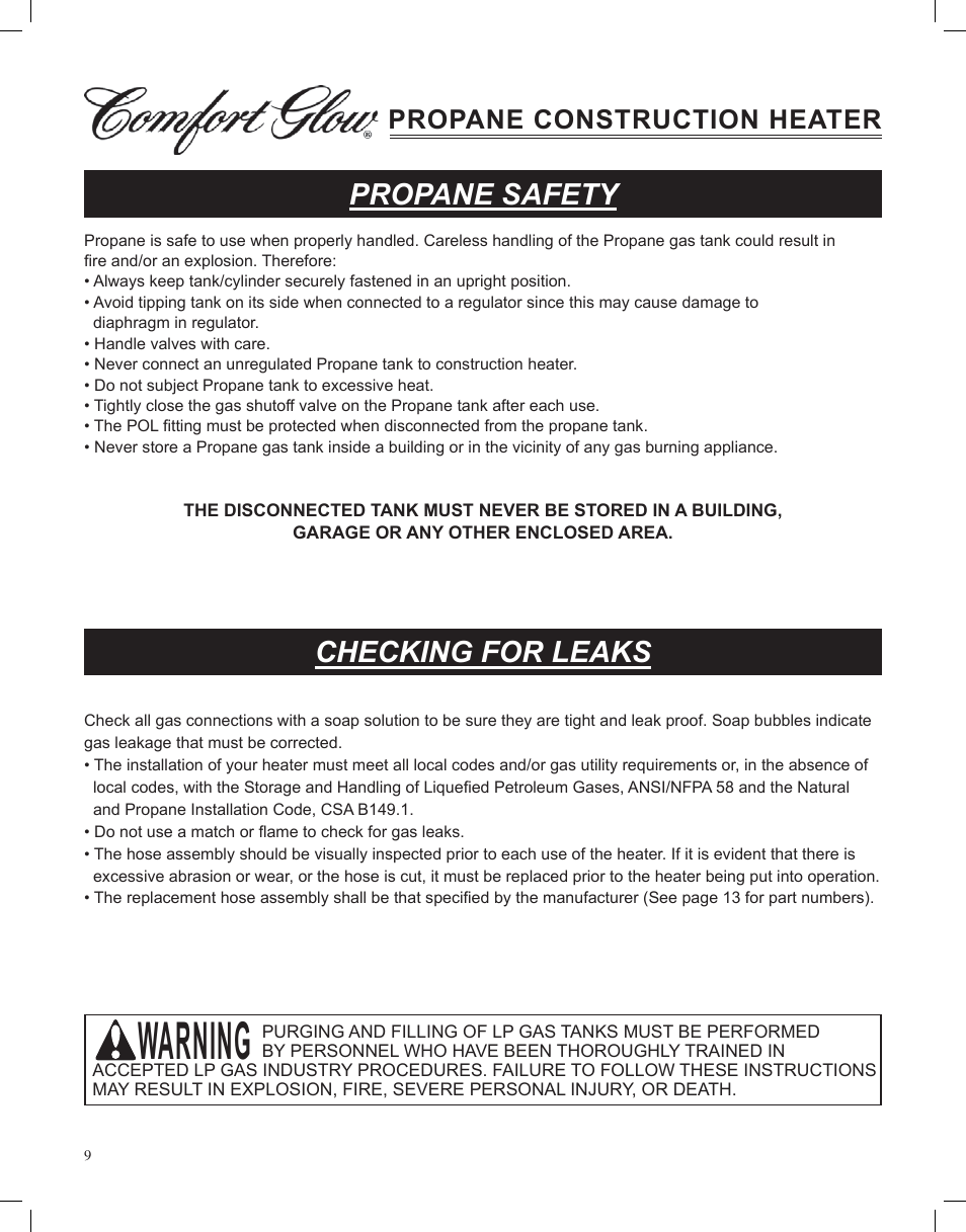 Warning, Propane safety, Checking for leaks | Propane construction heater | Desa Tech GCH480 User Manual | Page 9 / 54