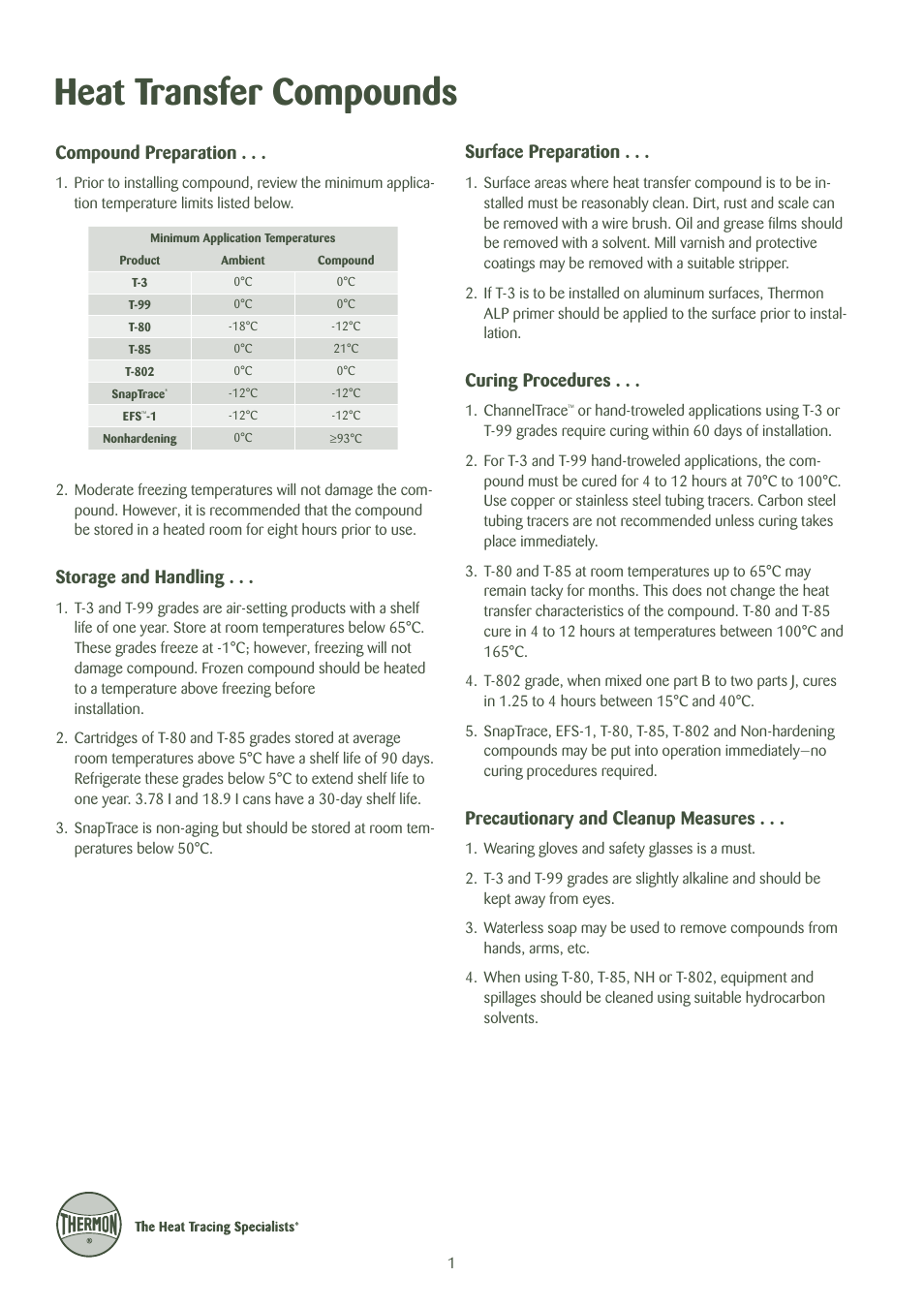 Heat transfer compounds, Compound preparation, Surface preparation | Curing procedures, Precautionary and cleanup measures, Storage and handling | Thermon Heat Transfer Compounds User Manual | Page 2 / 8