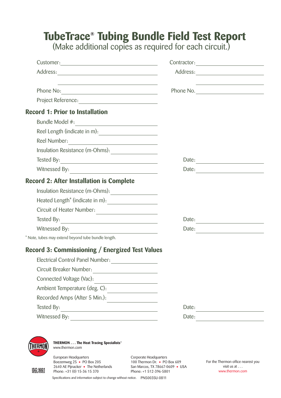 Tubetrace, Tubing bundle field test report, Record 1: prior to installation | Record 2: after installation is complete, Record 3: commissioning / energized test values | Thermon TubeTrace Tubing Bundles User Manual | Page 8 / 8