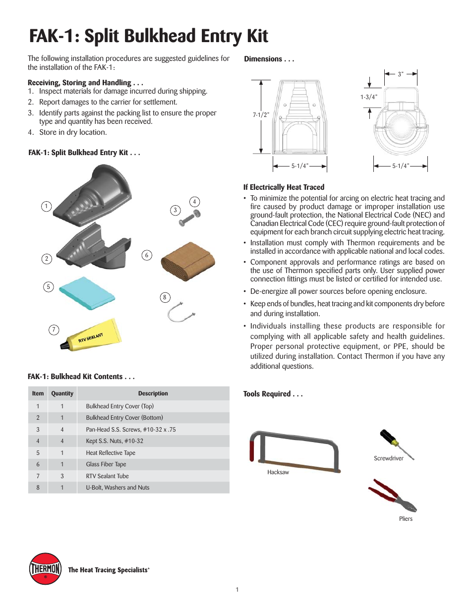 Fak-1: split bulkhead entry kit | Thermon FAK-1 User Manual | Page 2 / 4