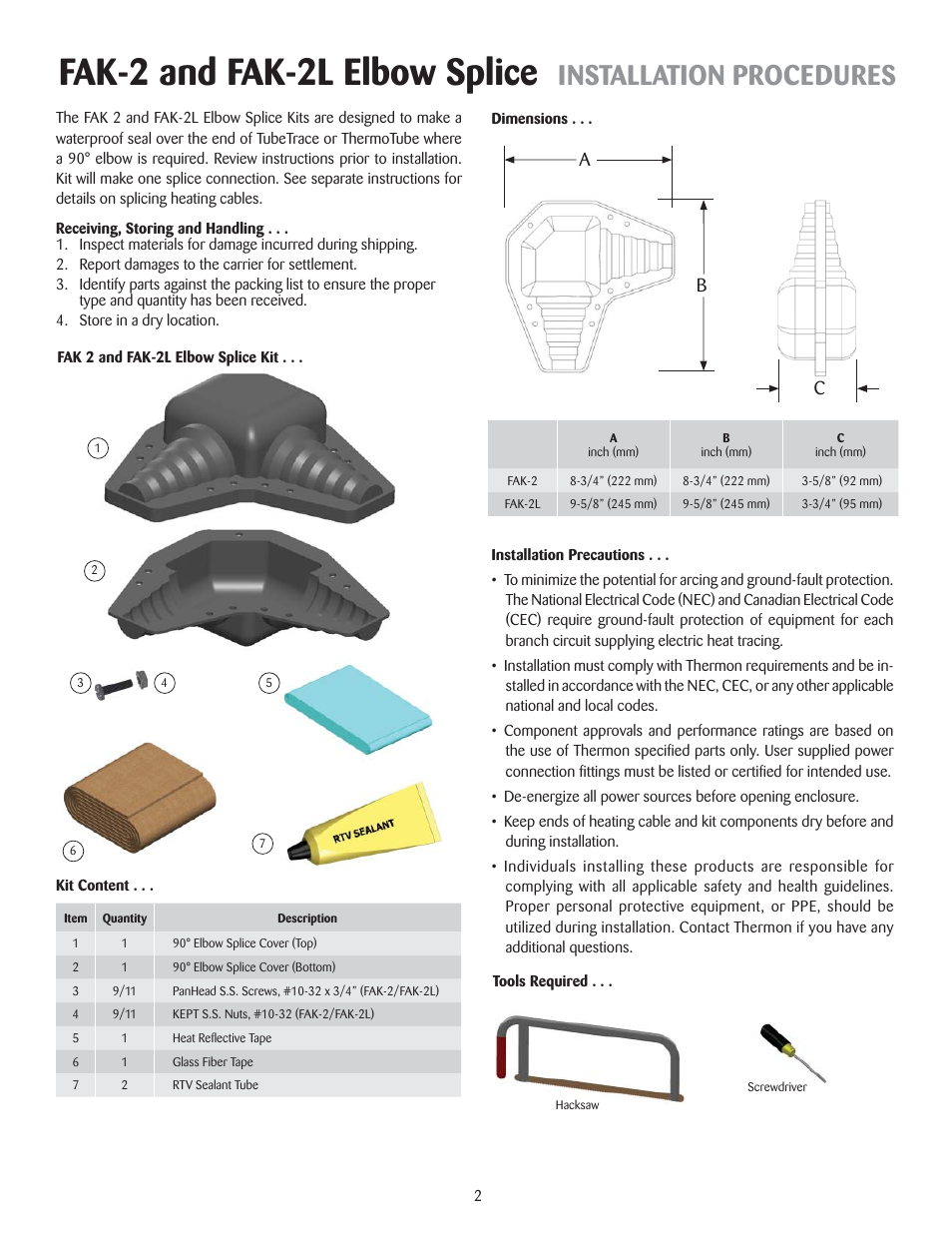 Fak-2 and fak-2l elbow splice, Installation procedures | Thermon FAK-2 User Manual | Page 2 / 4